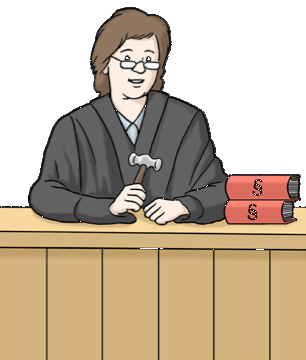 Eine Zeichnung von einer Richterin mit einem Hammer in der Hand.